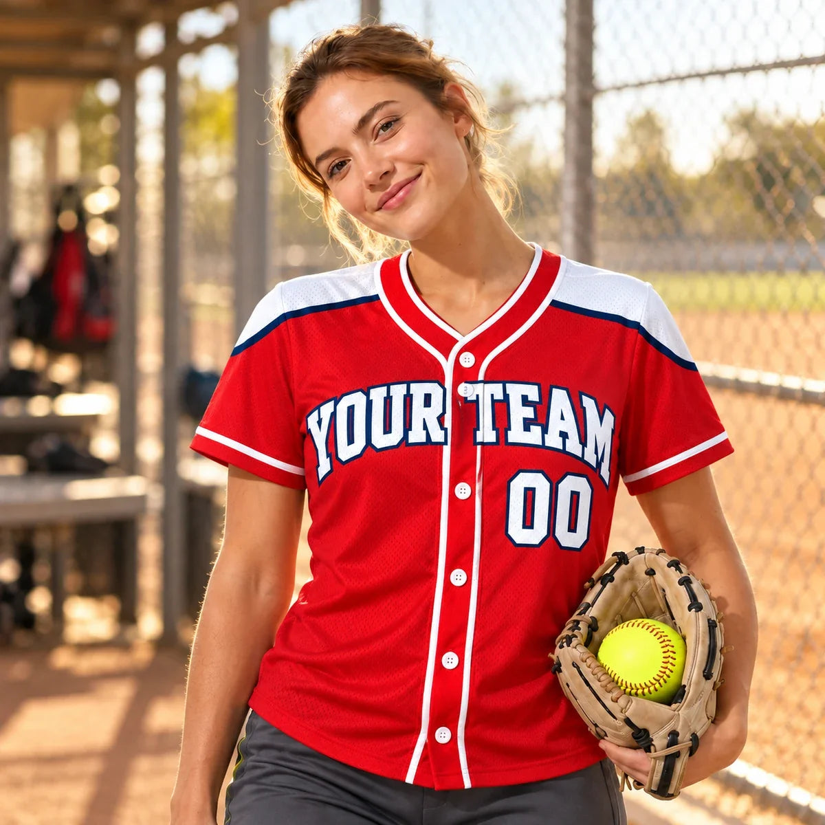 Shoulder Yoke Red softball team shirt on a softball field