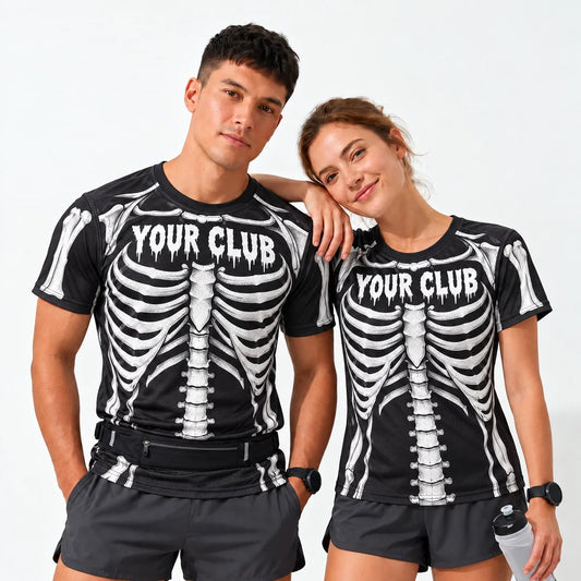 Skeleton Stride Halloween Running Shirt worn by a man and a woman