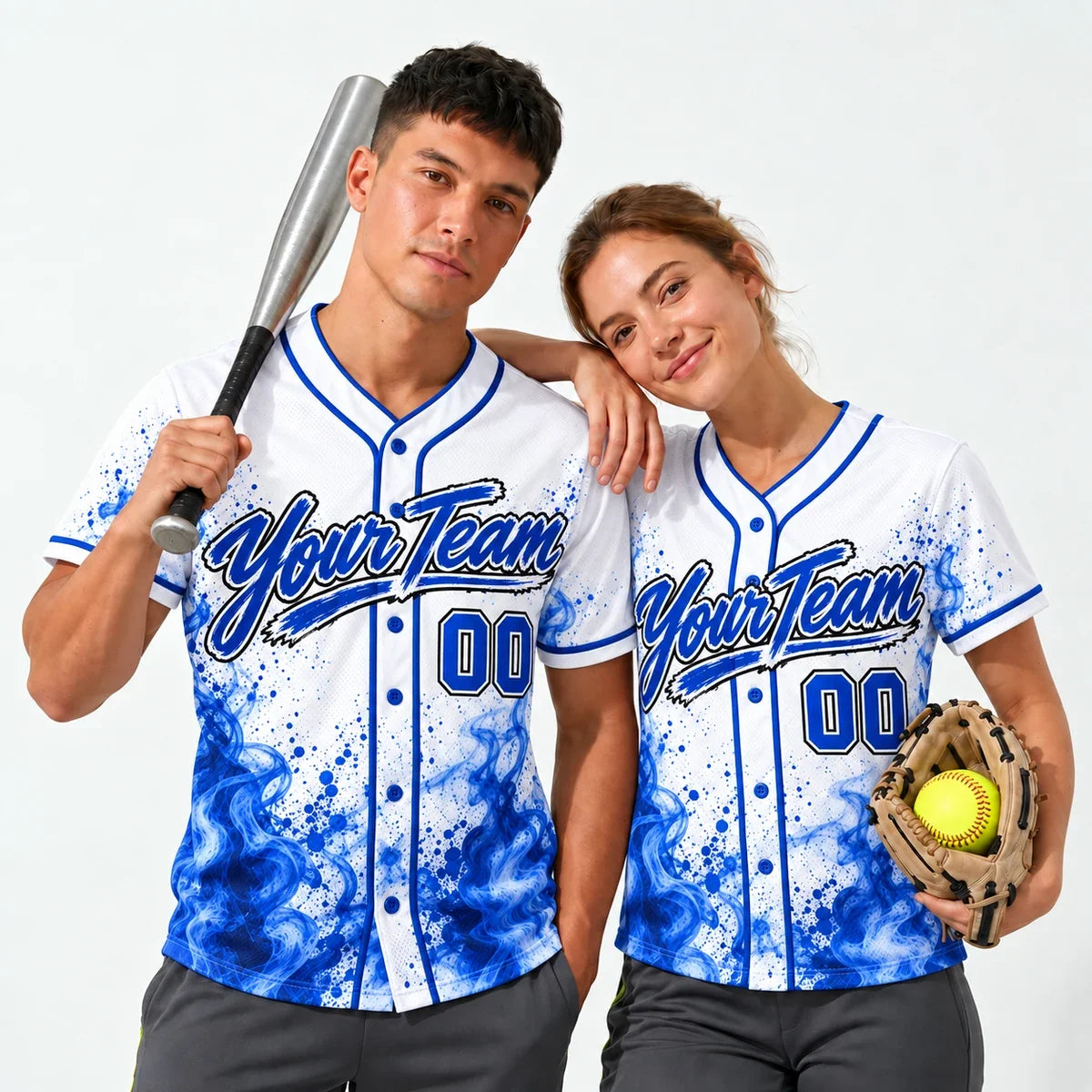 Smoke Splash sublimated softball jersey worn by a baseball player and a softball player