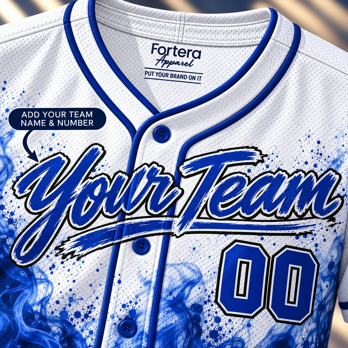 Close-up of the Smoke Splash sublimated softball jersey lettering and piping