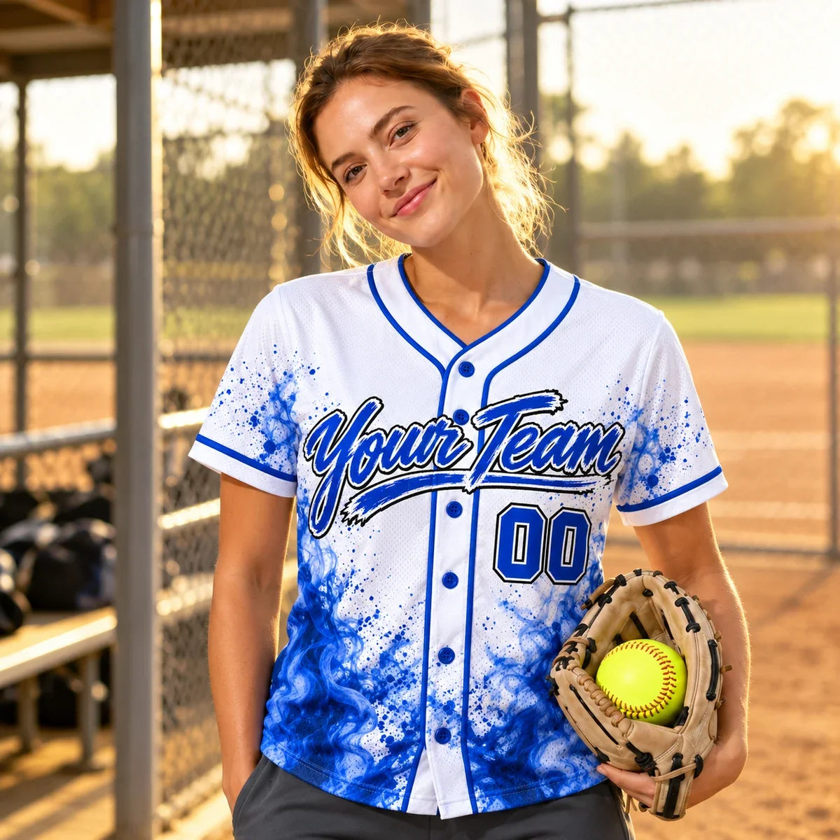 Smoke Splash sublimated softball jersey on a softball field