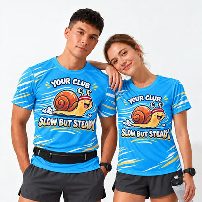Snail Pace Funny Running Shirt worn by a man and a woman