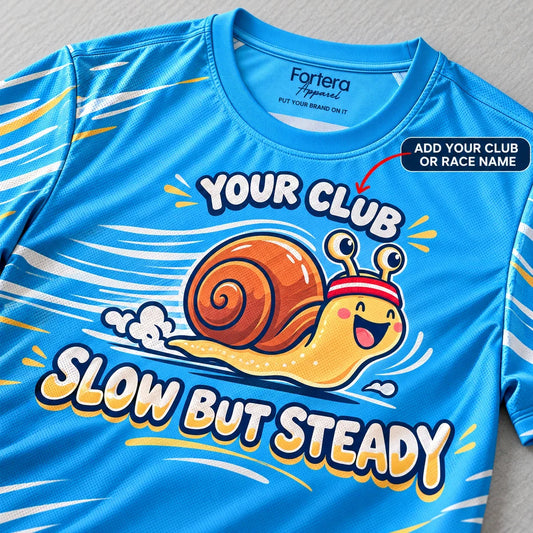Close-up of the Snail Pace Funny Running Shirt design and neck label