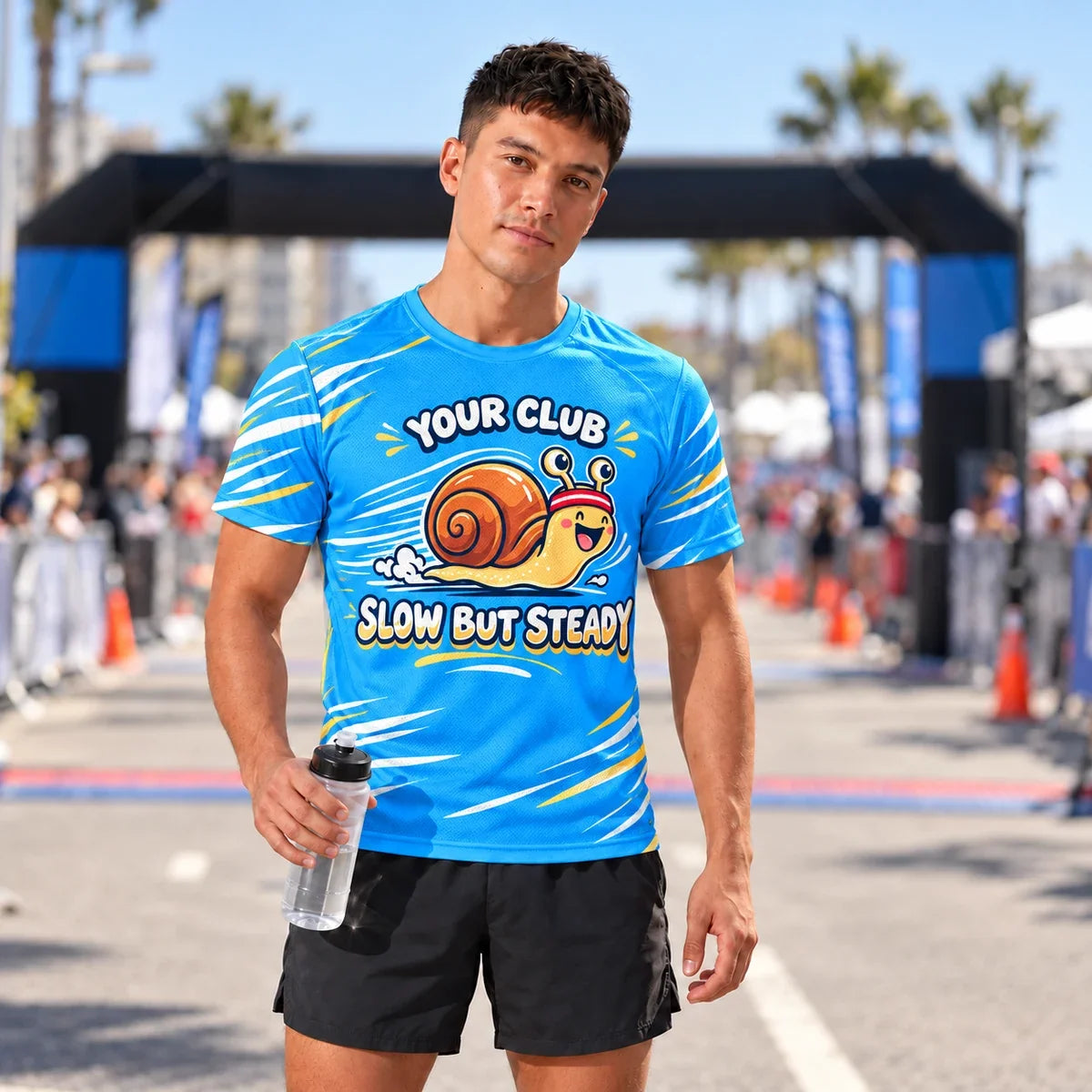 Runner wearing the Snail Pace Funny Running Shirt at a race finish line