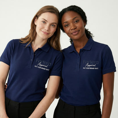 Solid navy custom embroidered polo shirt clean minimal design - side view