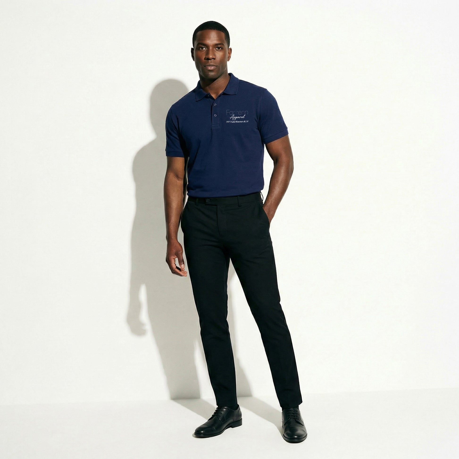 Solid navy custom embroidered polo shirt clean minimal design - female fit