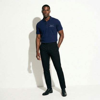 Solid navy custom embroidered polo shirt clean minimal design - female fit