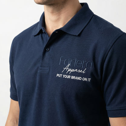 Solid navy custom embroidered polo shirt clean minimal design - male fit