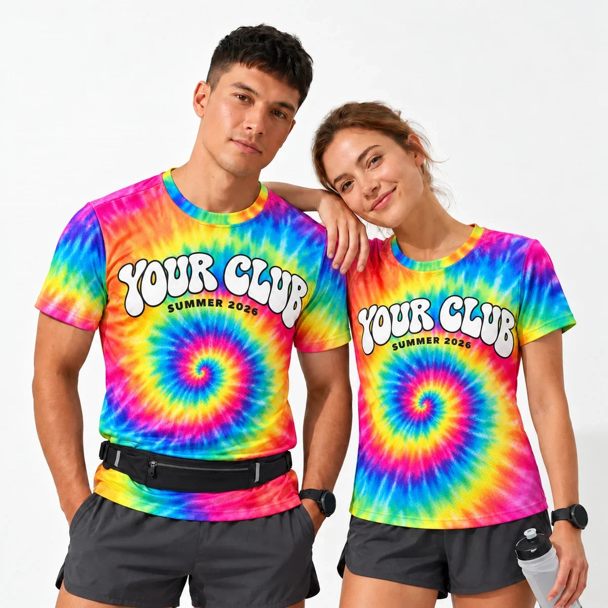 Spiral Swirl Tie Dye Running Shirt worn by a man and a woman
