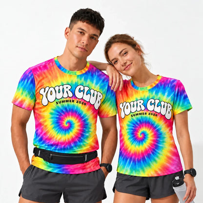 Spiral Swirl Tie Dye Running Shirt worn by a man and a woman