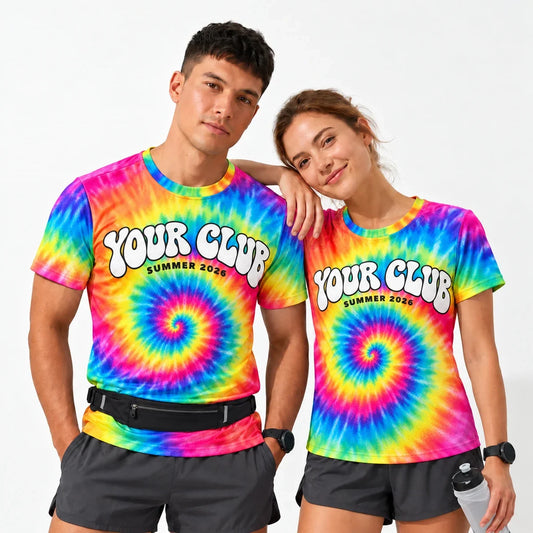 Spiral Swirl Tie Dye Running Shirt worn by a man and a woman