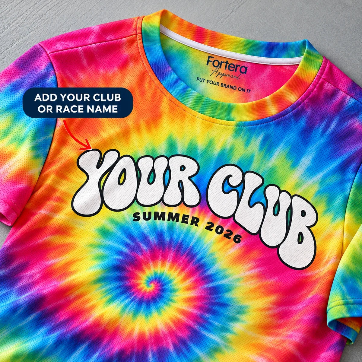Close-up of the Spiral Swirl Tie Dye Running Shirt design and neck label