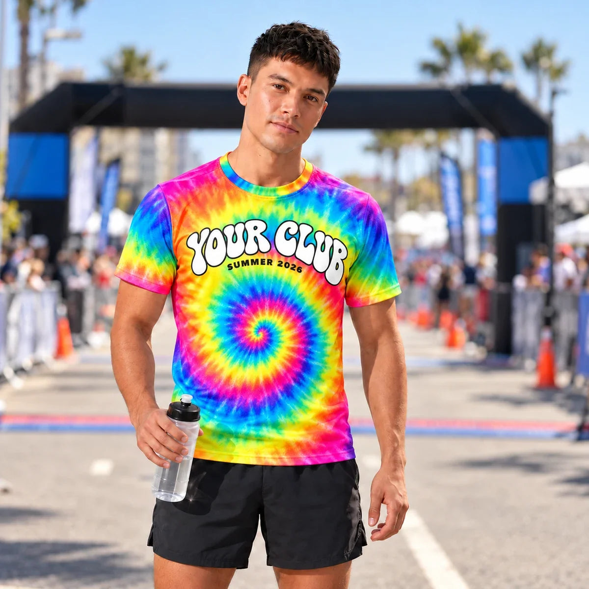 Runner wearing the Spiral Swirl Tie Dye Running Shirt at a race finish line