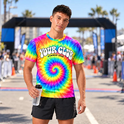 Runner wearing the Spiral Swirl Tie Dye Running Shirt at a race finish line