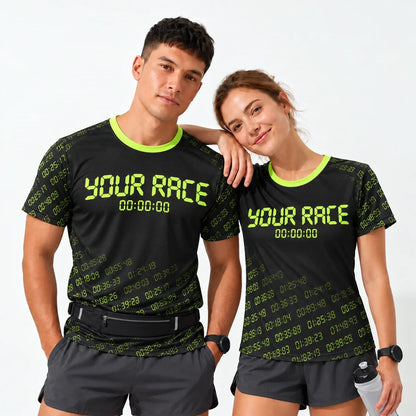 Split Timer 5K Shirt worn by a man and a woman