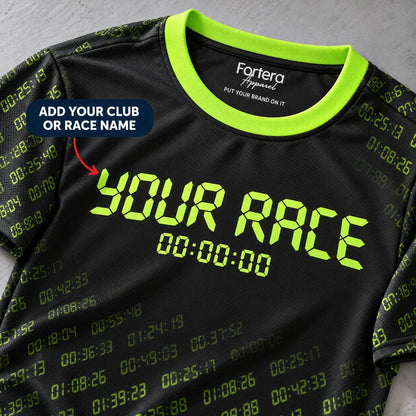 Close-up of the Split Timer 5K Shirt design and neck label