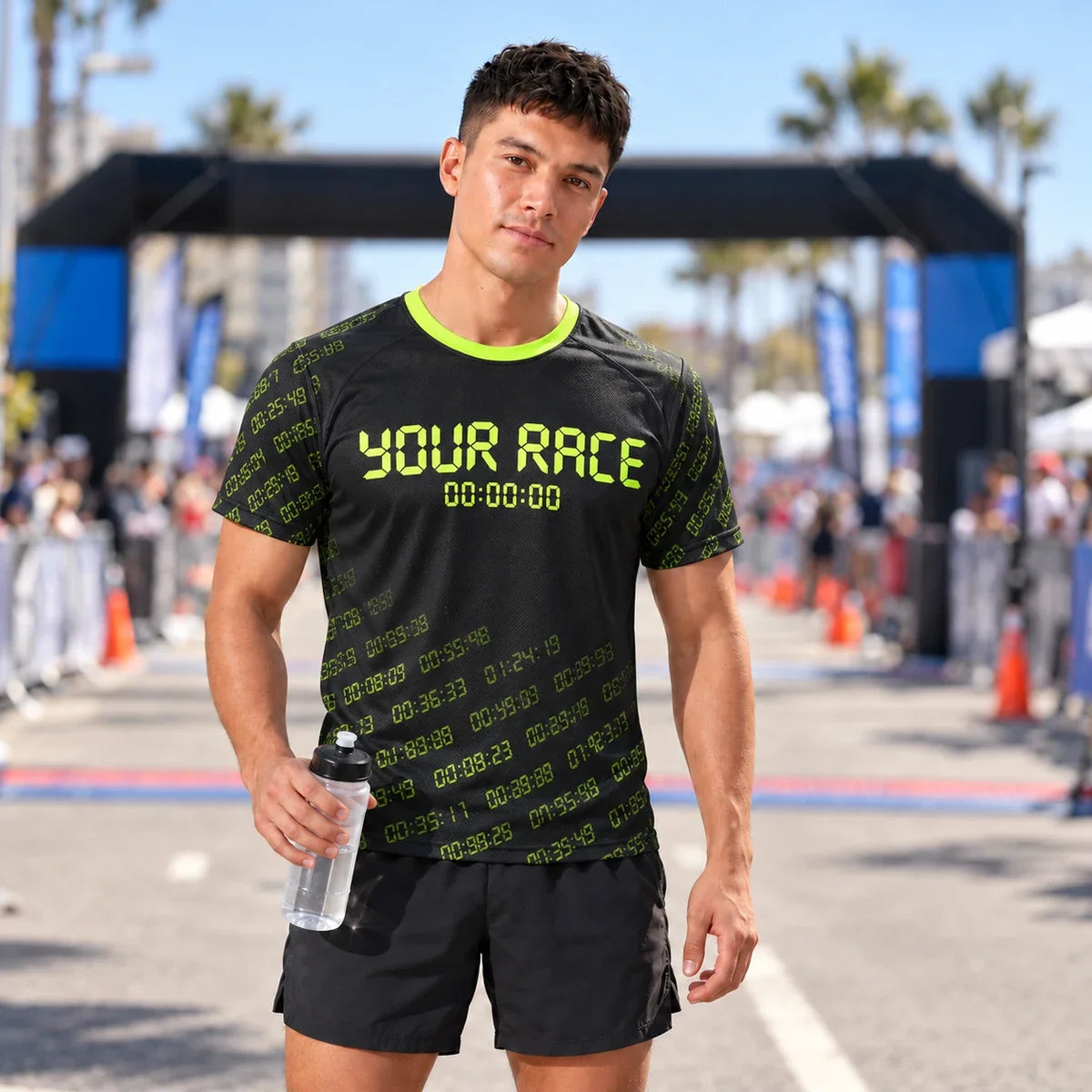 Runner wearing the Split Timer 5K Shirt at a race finish line