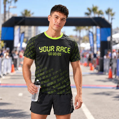 Runner wearing the Split Timer 5K Shirt at a race finish line