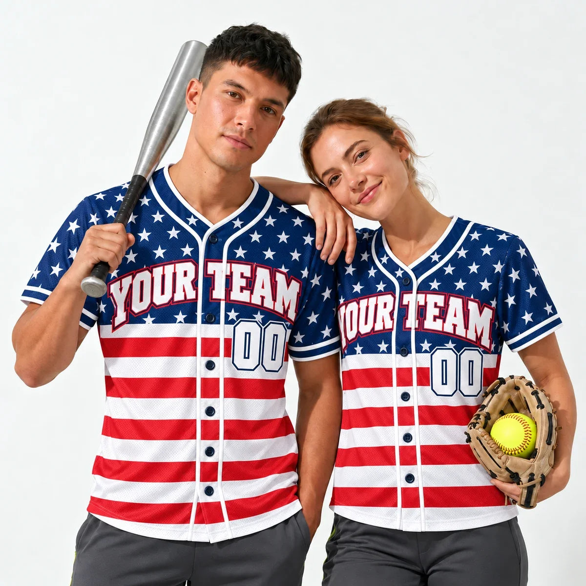 Stars and Stripes american flag softball jersey worn by a baseball player and a softball player