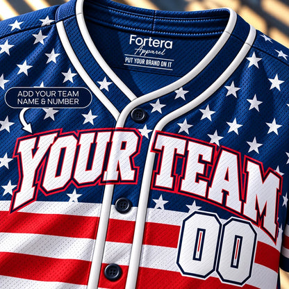 Close-up of the Stars and Stripes american flag softball jersey lettering and piping