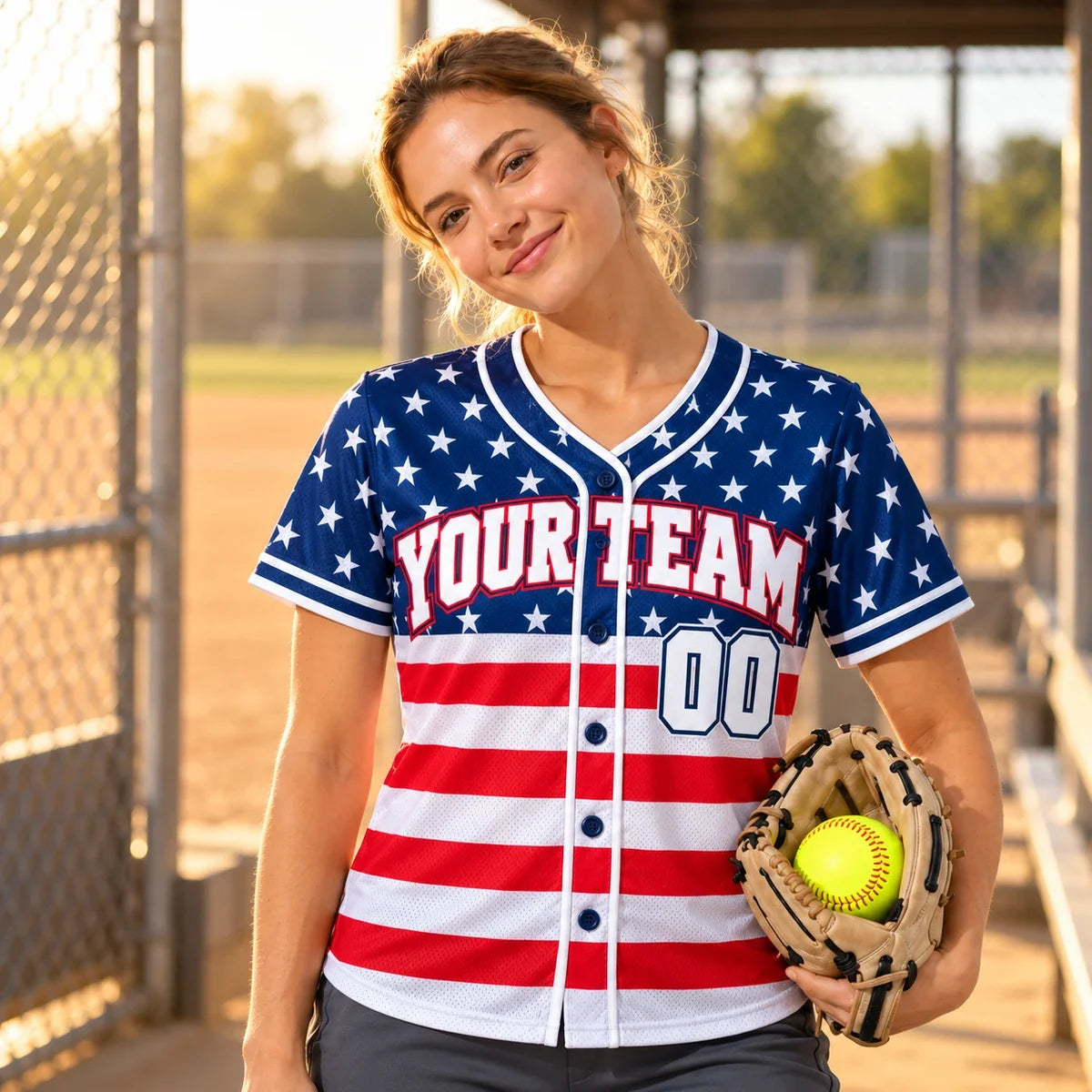 Stars and Stripes american flag softball jersey on a softball field