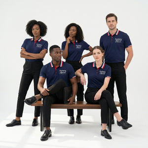 Navy polo shirt with embroidered logo and red white stripe tipping on collar