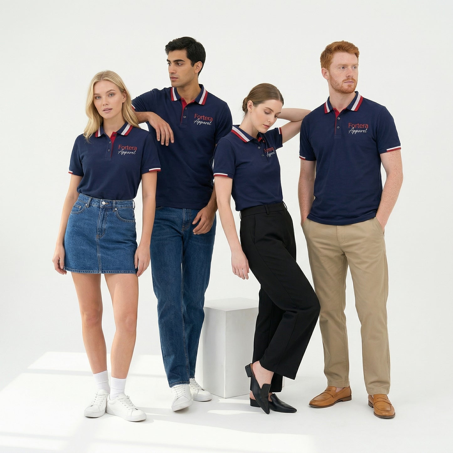 Navy polo shirt with embroidered logo and red white stripe tipping on collar - back view