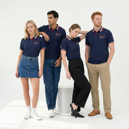 Navy polo shirt with embroidered logo and red white stripe tipping on collar - back view