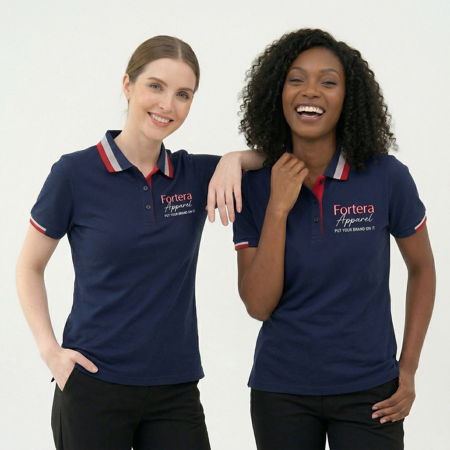 Navy polo shirt with embroidered logo and red white stripe tipping on collar - side view