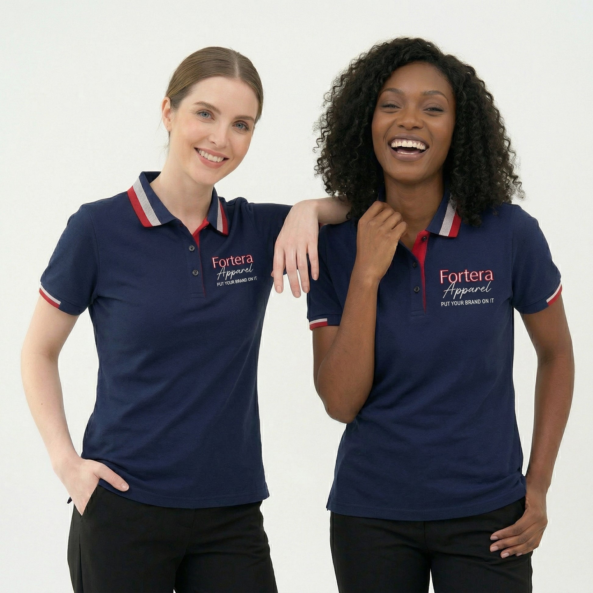 Navy polo shirt with embroidered logo and red white stripe tipping on collar - side view