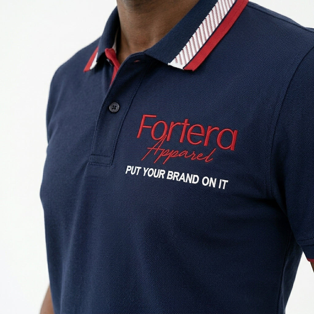 Navy polo shirt with embroidered logo and red white stripe tipping on collar - male fit