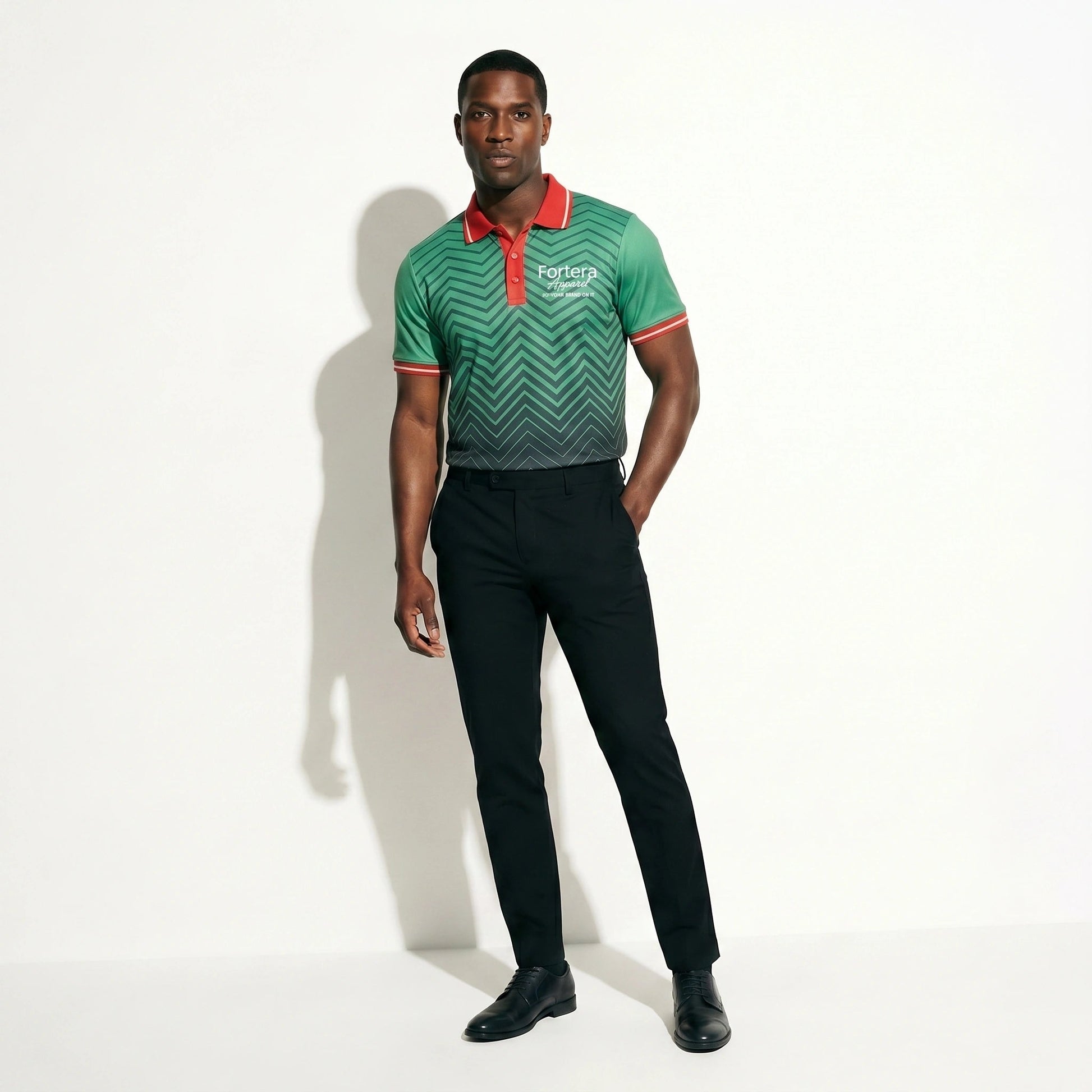 Sublimation Polo Shirt with Logo Chevron Contrast Collar close-up chevron pattern detail - Fortera Apparel