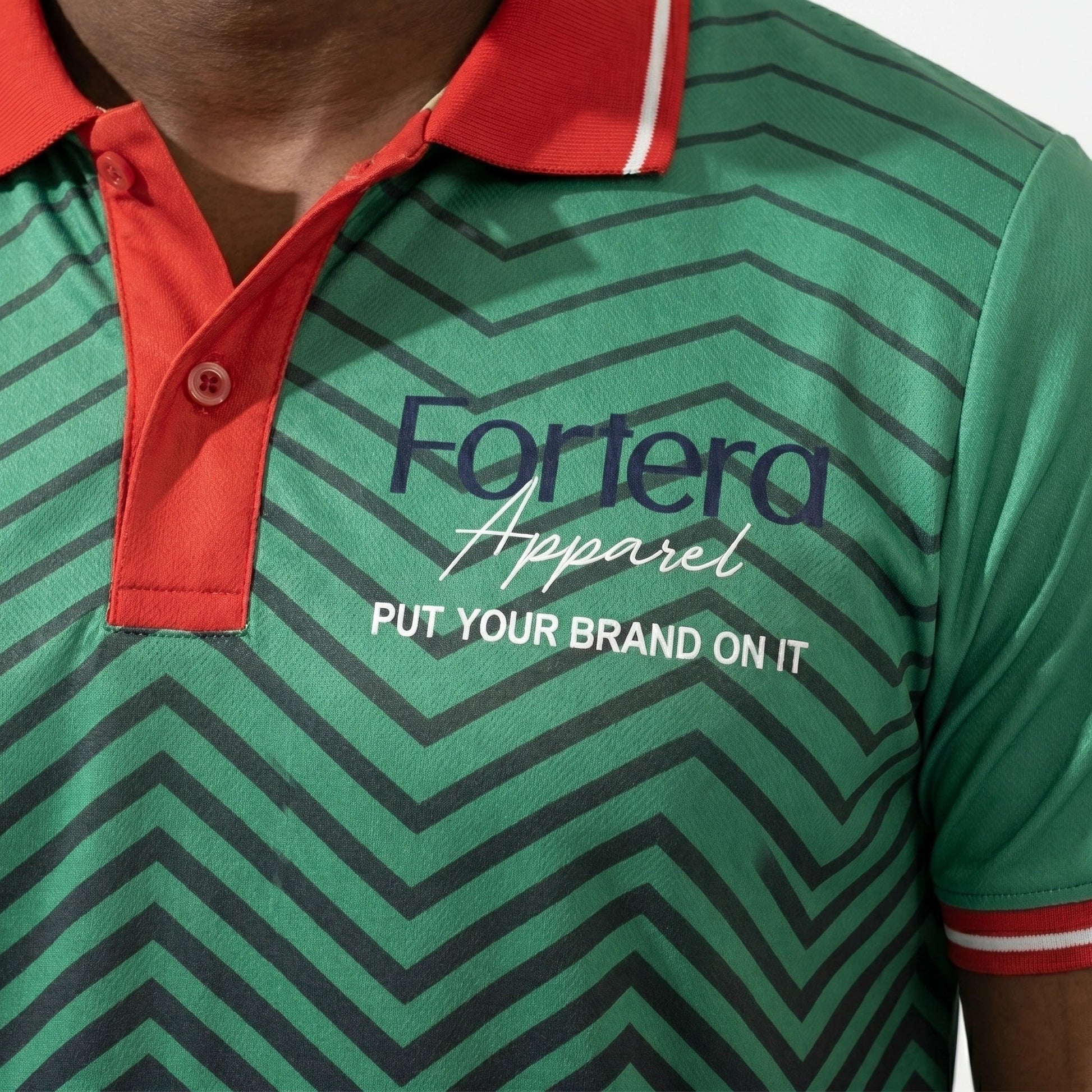 Sublimation Polo Shirt with Logo Chevron Contrast Collar side angle detail - Fortera Apparel