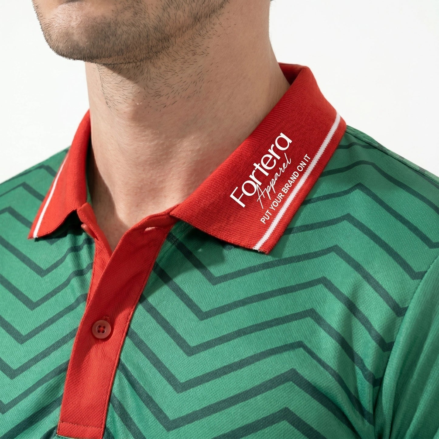 Sublimation Polo Shirt with Logo Chevron Contrast Collar back view chevron detail - Fortera Apparel
