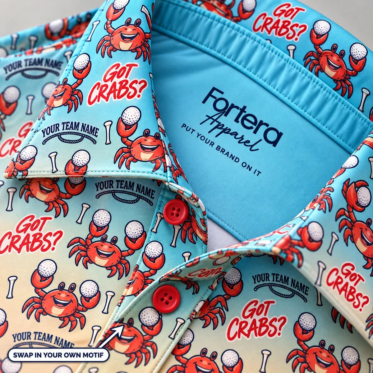 Close-up of the beach crabs print on the collar of a funny golf polo