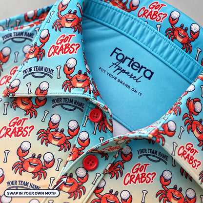 Close-up of the beach crabs print on the collar of a funny golf polo