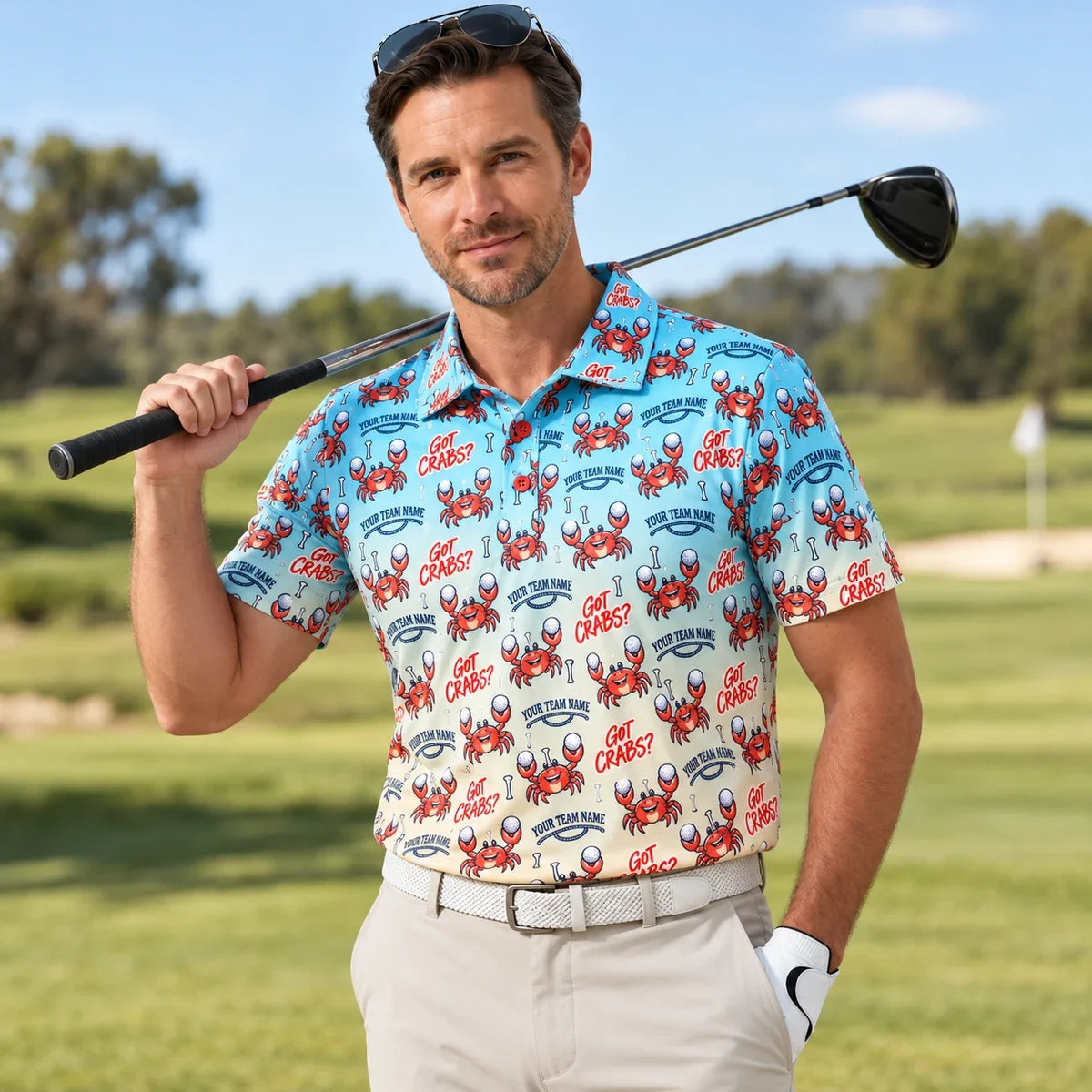Man wearing the Sublimation Polo Shirt Beach Crabs funny golf polo on a golf course