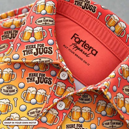 Close-up of the beer jugs print on the collar of a funny golf polo