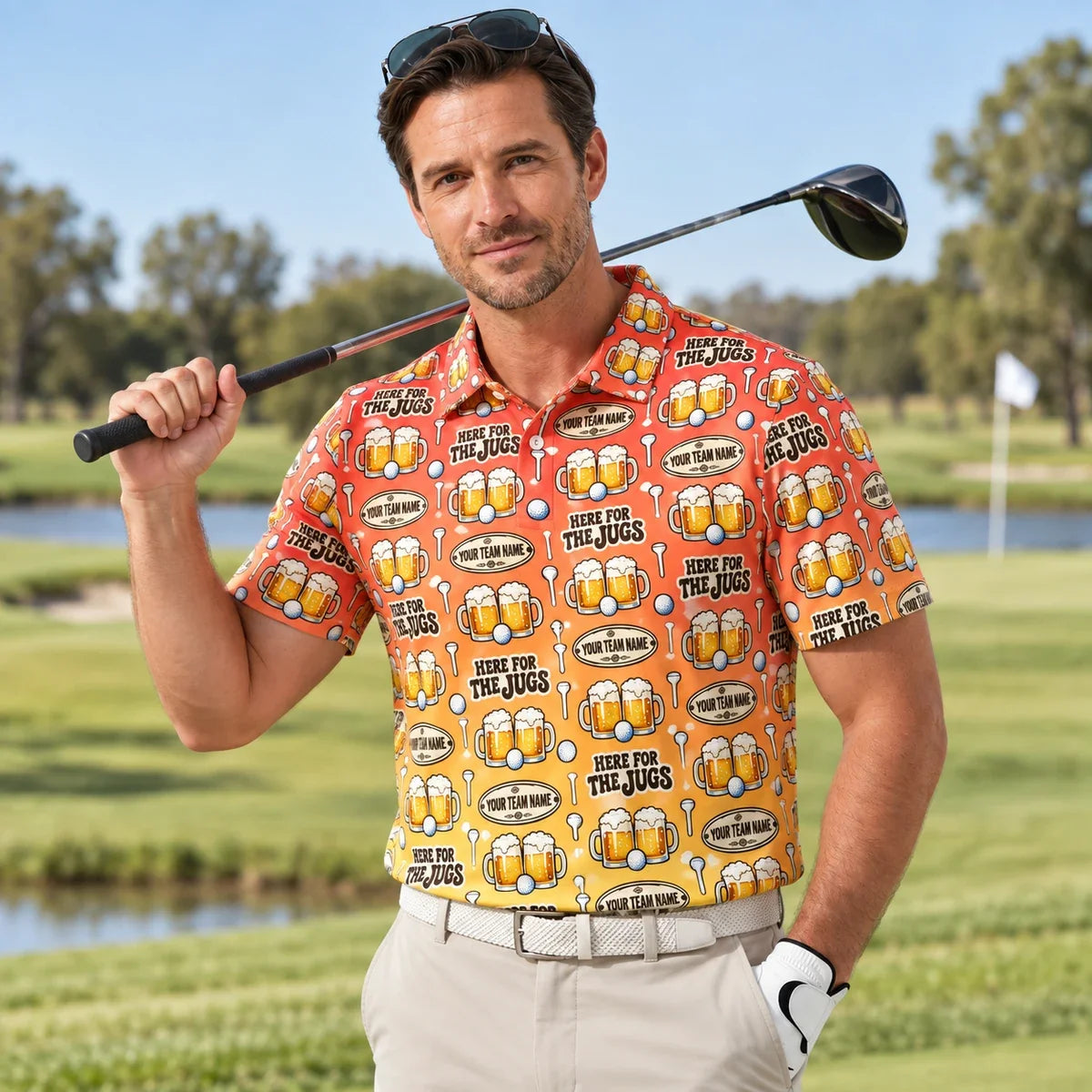 Man wearing the Sublimation Polo Shirt Beer Jugs funny golf polo on a golf course
