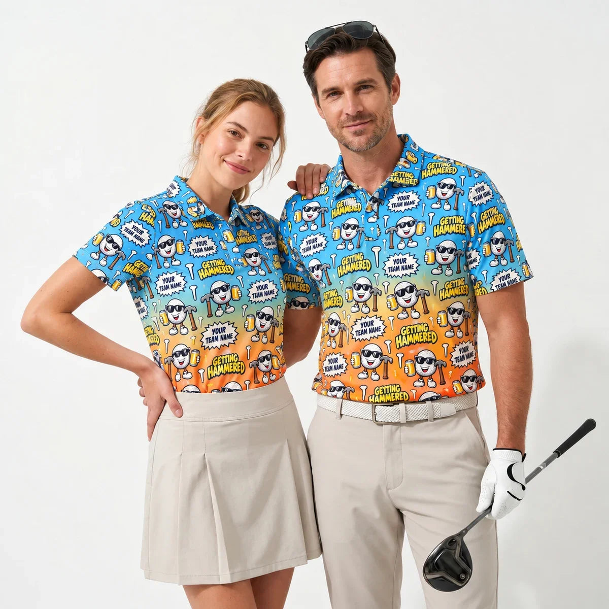 Sublimation Polo Shirt Hammered funny golf polo worn by two golfers