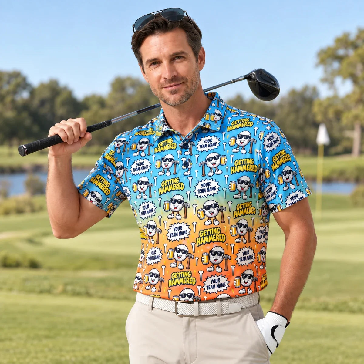Man wearing the Sublimation Polo Shirt Hammered funny golf polo on a golf course
