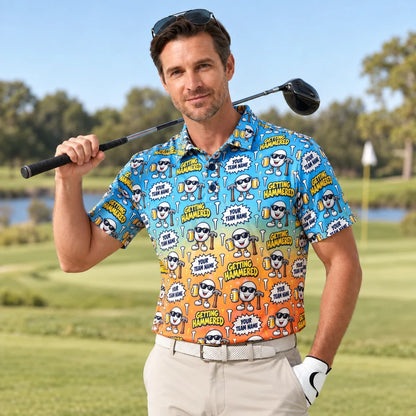 Man wearing the Sublimation Polo Shirt Hammered funny golf polo on a golf course