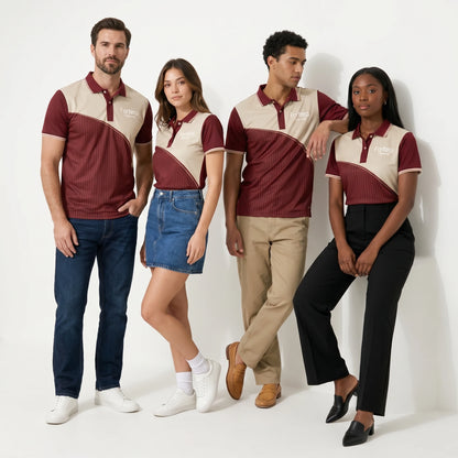 Sublimation Polo Shirt Pinstripe Yoke Block worn by corporate team in studio - Fortera Apparel