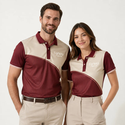 Sublimation Polo Shirt Pinstripe Yoke Block corporate uniform in corporate setting - Fortera Apparel