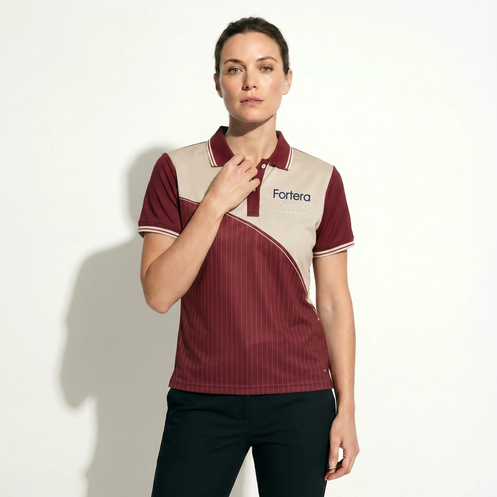 Sublimation Polo Shirt Pinstripe Yoke Block close-up chest logo placement - Fortera Apparel