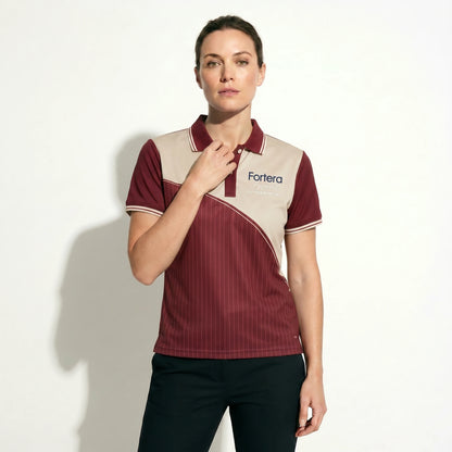 Sublimation Polo Shirt Pinstripe Yoke Block close-up chest logo placement - Fortera Apparel