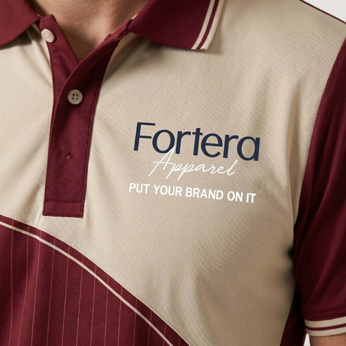 Sublimation Polo Shirt Pinstripe Yoke Block side angle detail - Fortera Apparel