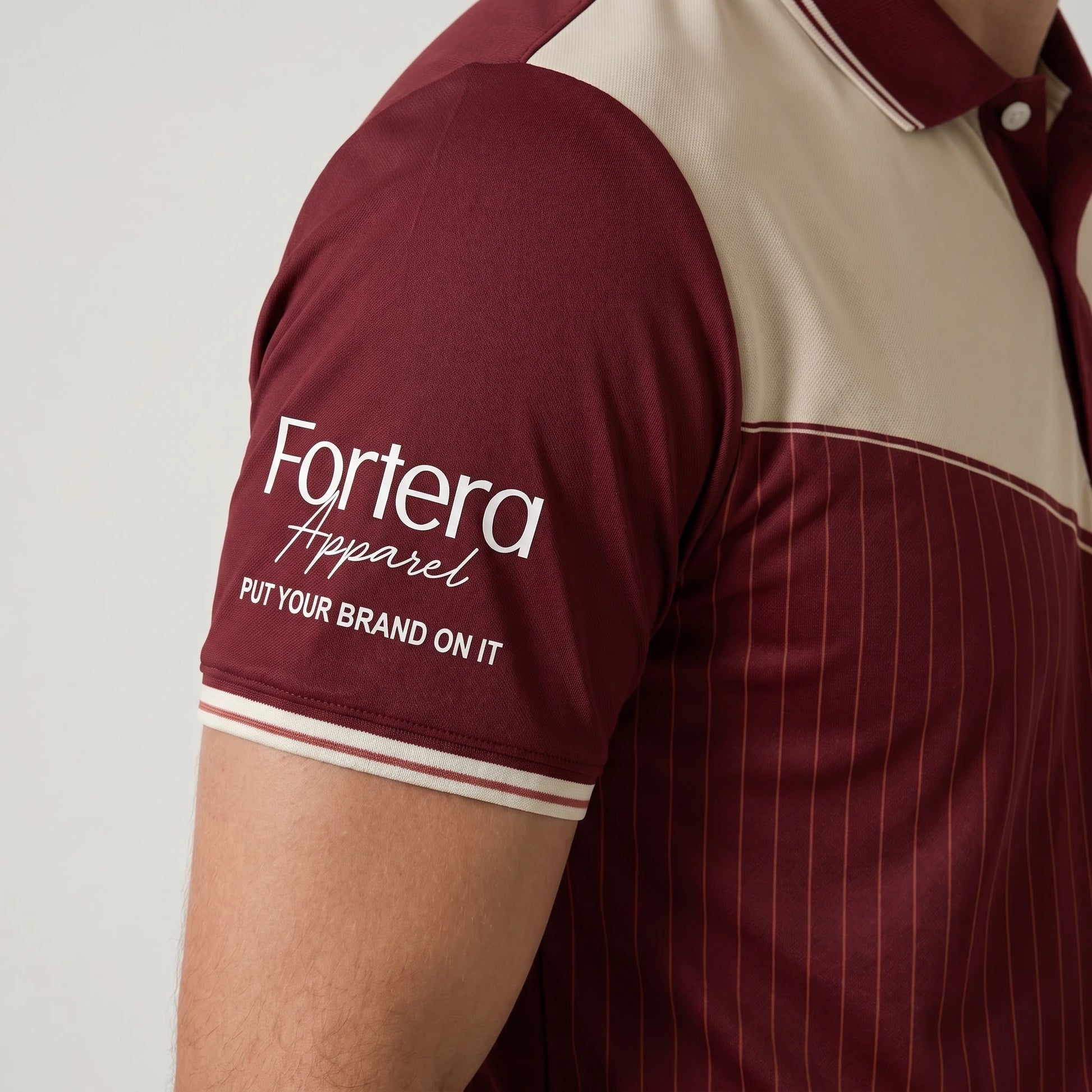 Sublimation Polo Shirt Pinstripe Yoke Block sleeve detail - Fortera Apparel