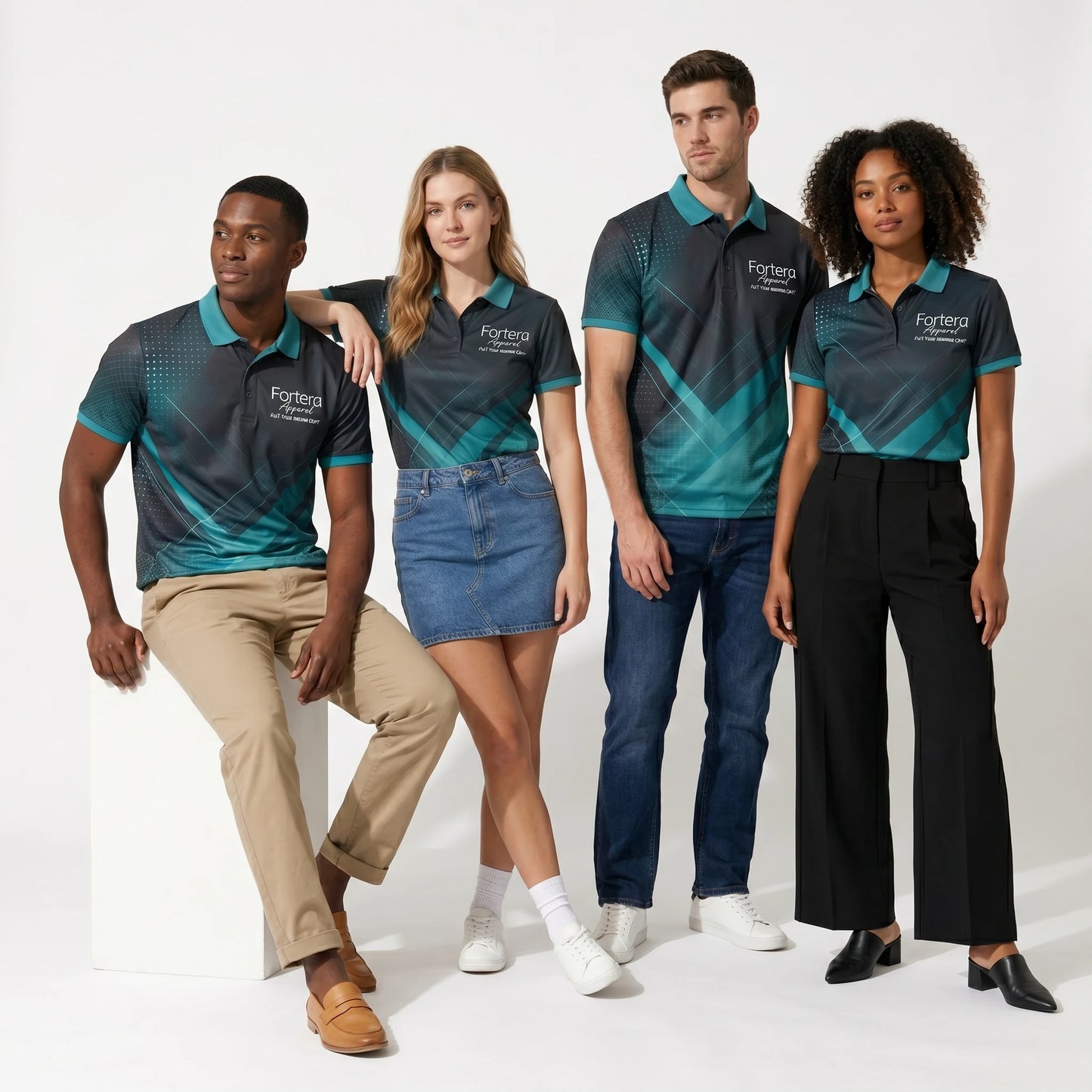 Sublimation Polo Shirt Prism Facet worn by sport team team in studio - Fortera Apparel