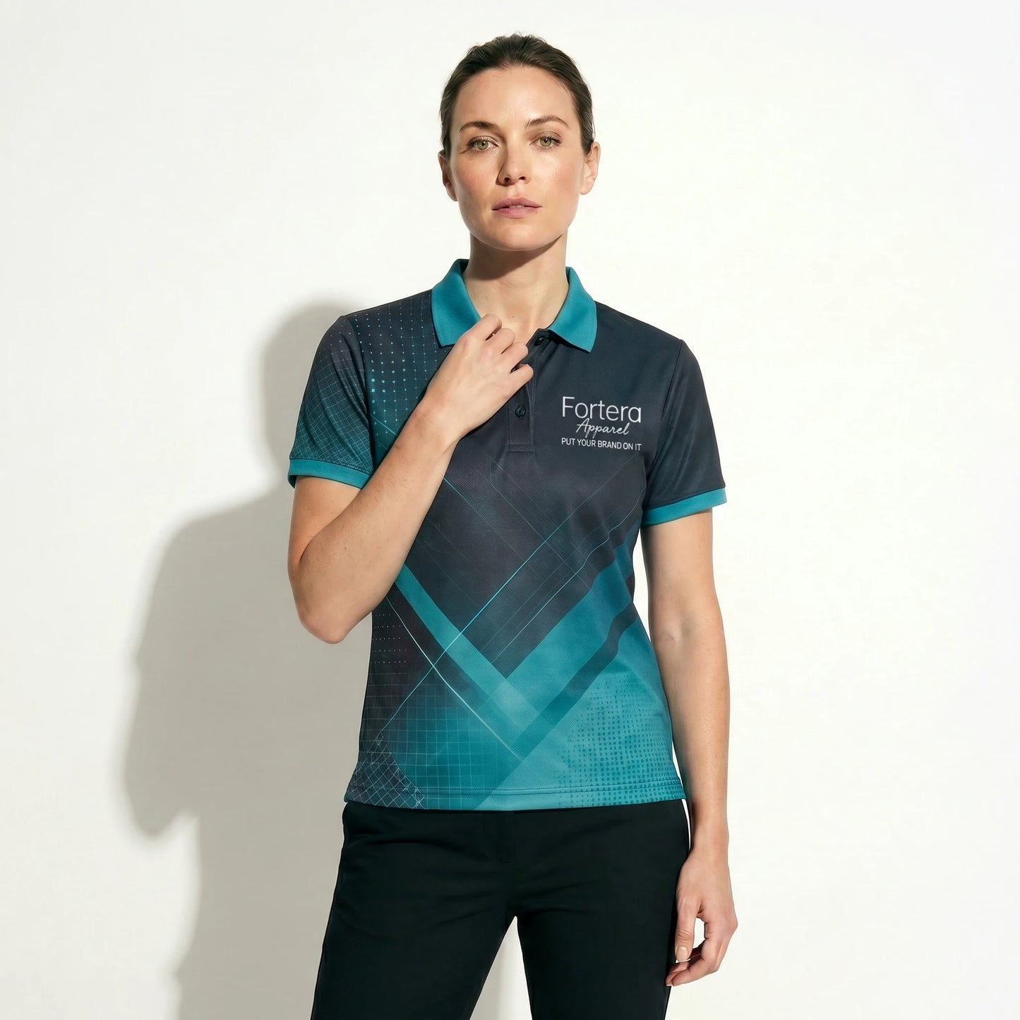 Sublimation Polo Shirt Prism Facet close-up chest logo placement - Fortera Apparel